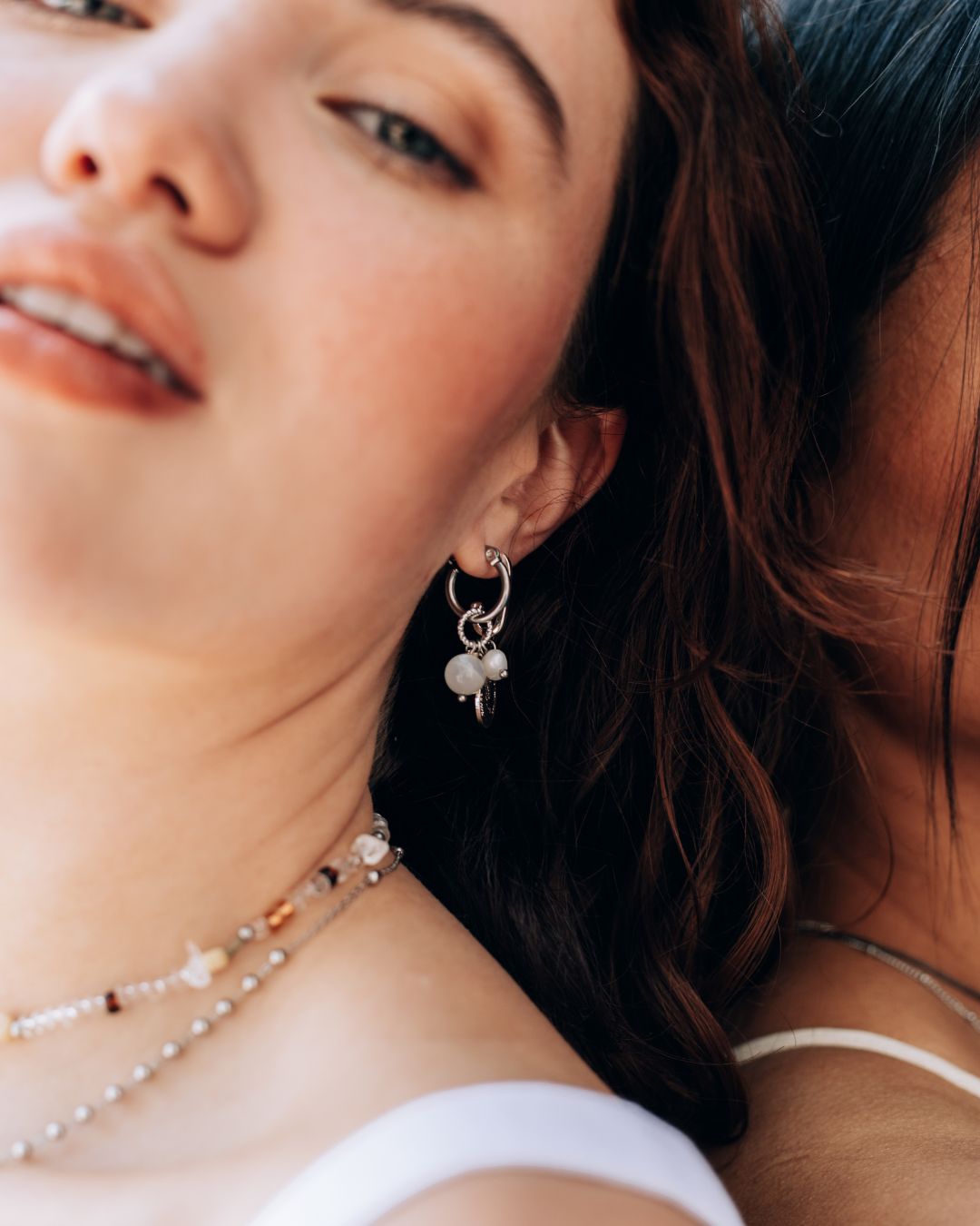 Stainless Steel Hoop Earrings Featuring Moonstone and Keshi Pearls